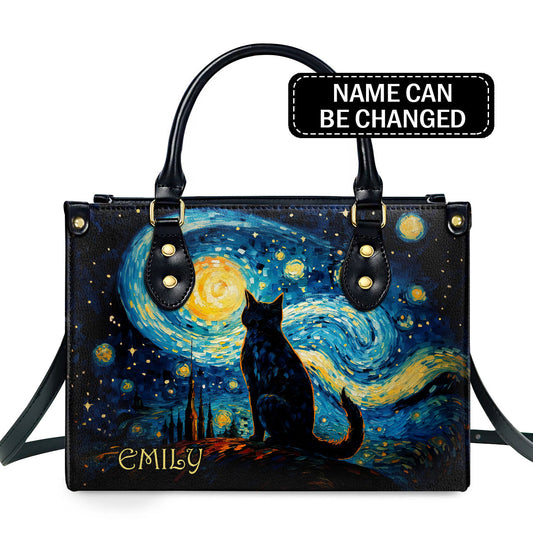 Cat In The Starry Night Style - Personalized Leather Handbag MSM27