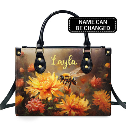 Bee And Chrysanthemum - Personalized Leather Handbag MS-NH1615