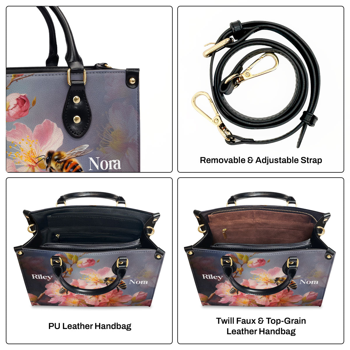 Bees And Blossom - Personalized Leather Handbag MS-NH1625