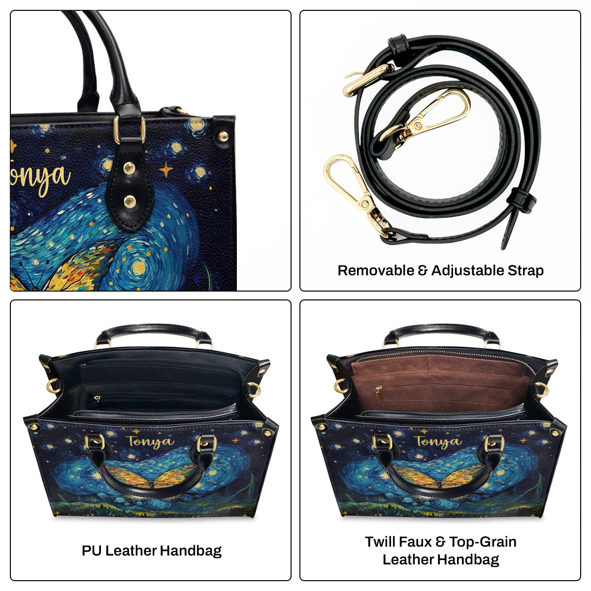 Butterfly In The Starry Night Style - Personalized Leather Handbag MSM06