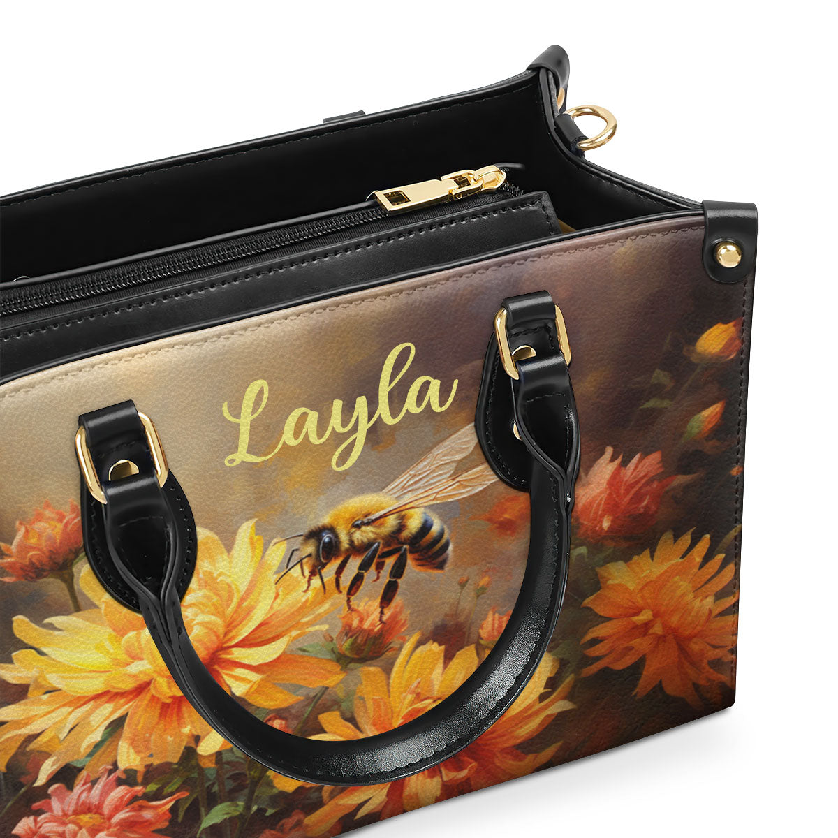 Bee And Chrysanthemum - Personalized Leather Handbag MS-NH1615