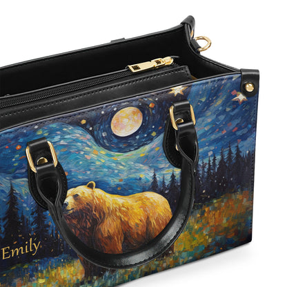 Bear In The Starry Night Style - Personalized Leather Handbag MSM12