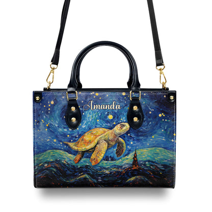 Sea Turtle In The Starry Night Style - Personalized Leather Handbag MSM19