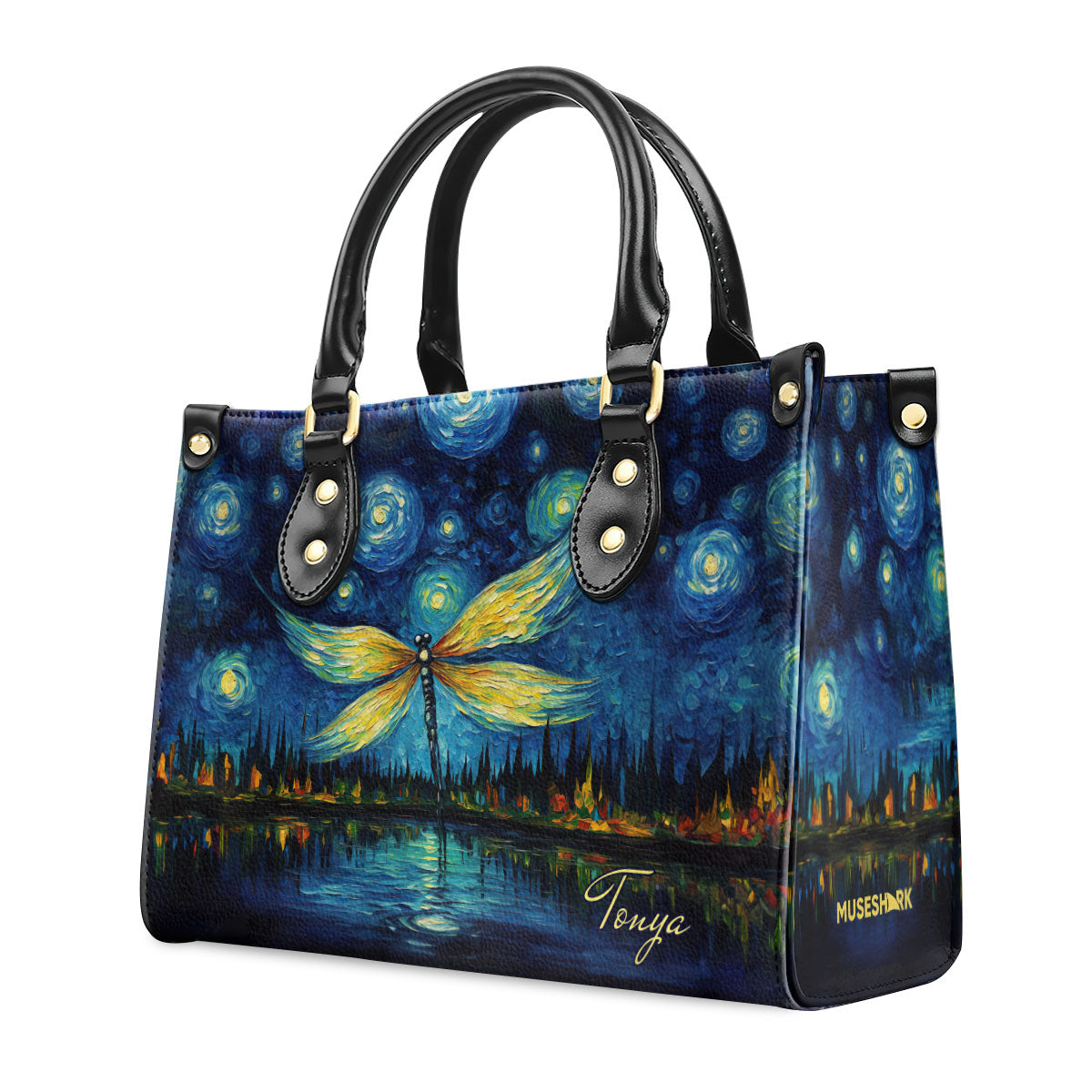 Dragonfly In The Starry Night Style - Personalized Leather Handbag MSM20